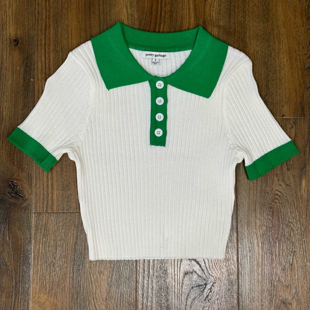 Pretty Garbage Ribbed Polo Crop Top – White & Green (Size S)